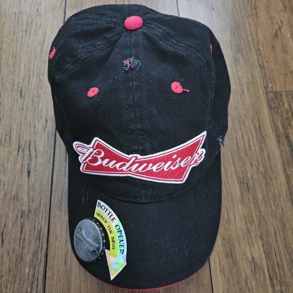 BUDWEISER baseball CAP red/black HAT adjustable BOTTLE OPENER - Picture 1 of 6